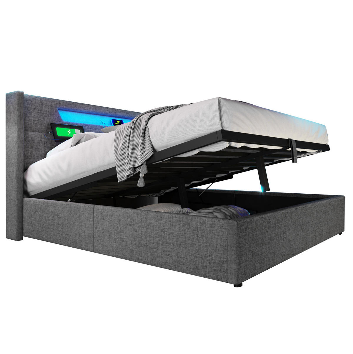 TAPECIRANI krevet 160/200 cm s LED osvjetljenjem, USB i Type-C priključkom te spremištem, Siva - siva, tekstil (160/200cm) - Redom