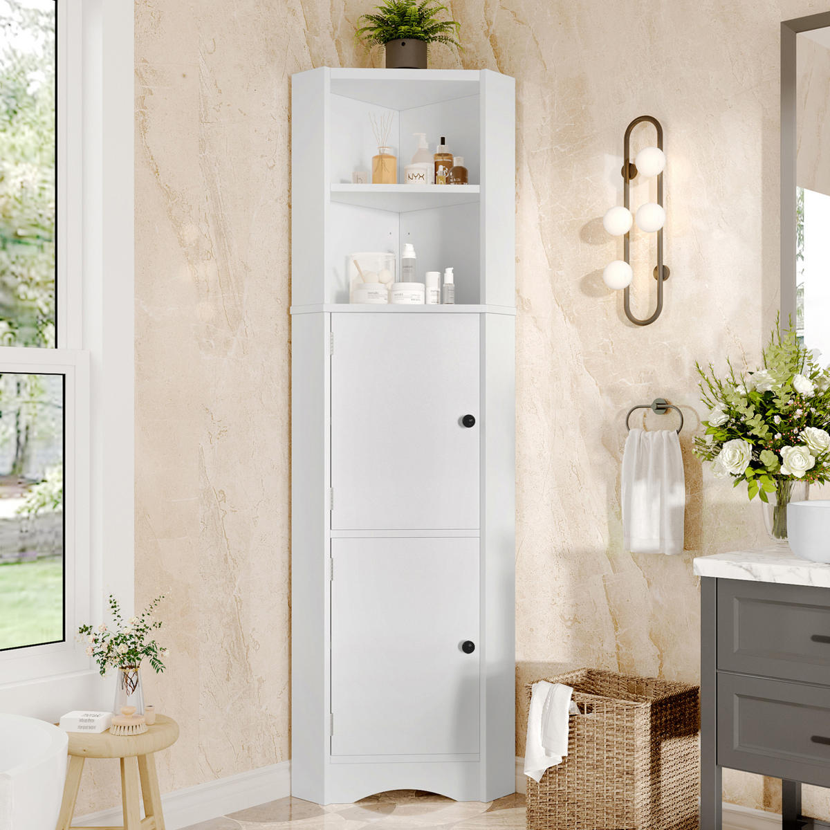 HOCHSCHRANK 51,7/32/155,4 cm aus MDF mit dreieckiger Eckform Weiß - Weiß, Holzwerkstoff (32/155.4/51.7cm) - Modenvie