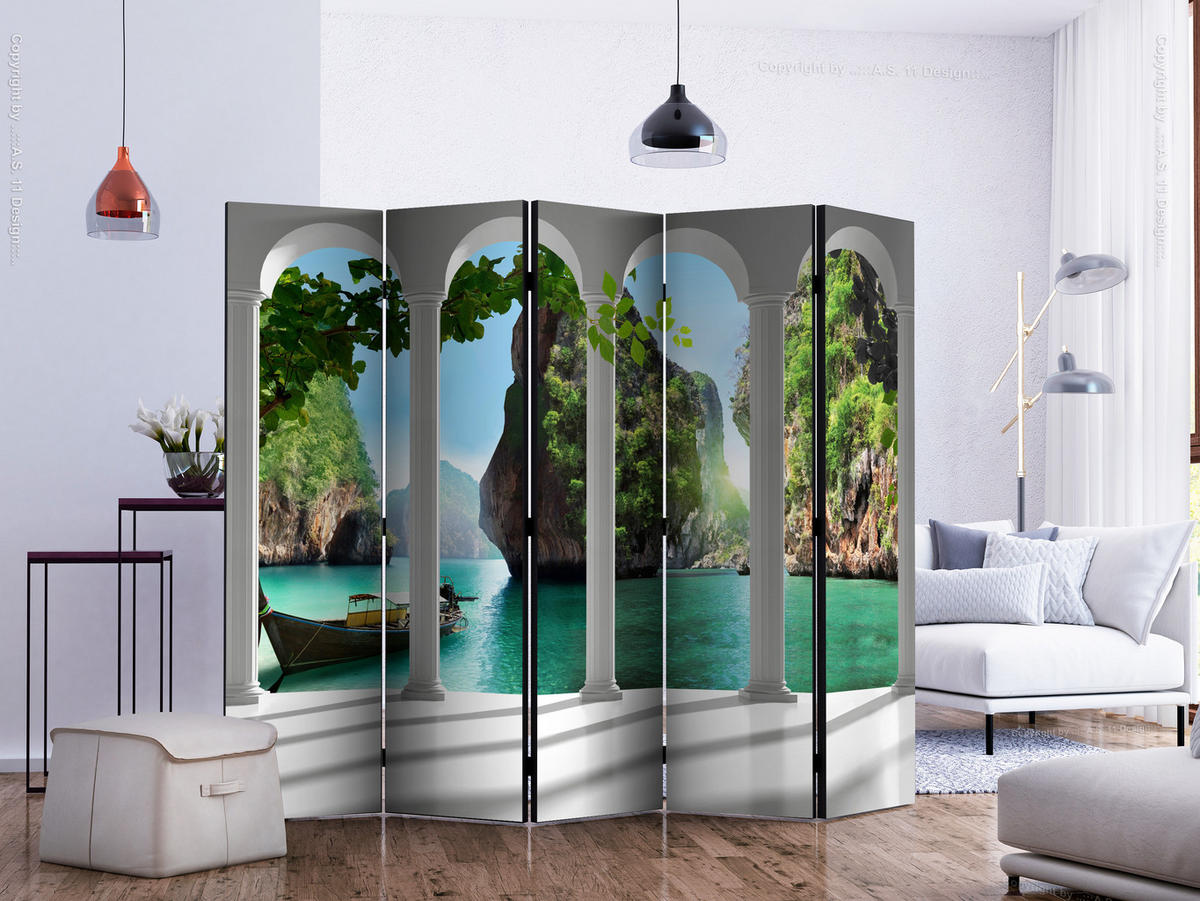 PARAVÁN Akustický 5-dielny 225x172 cm Terasa Oceánske Útesy 3D - viacfarebná, drevo/textil (225/172/3cm) - Muralo
