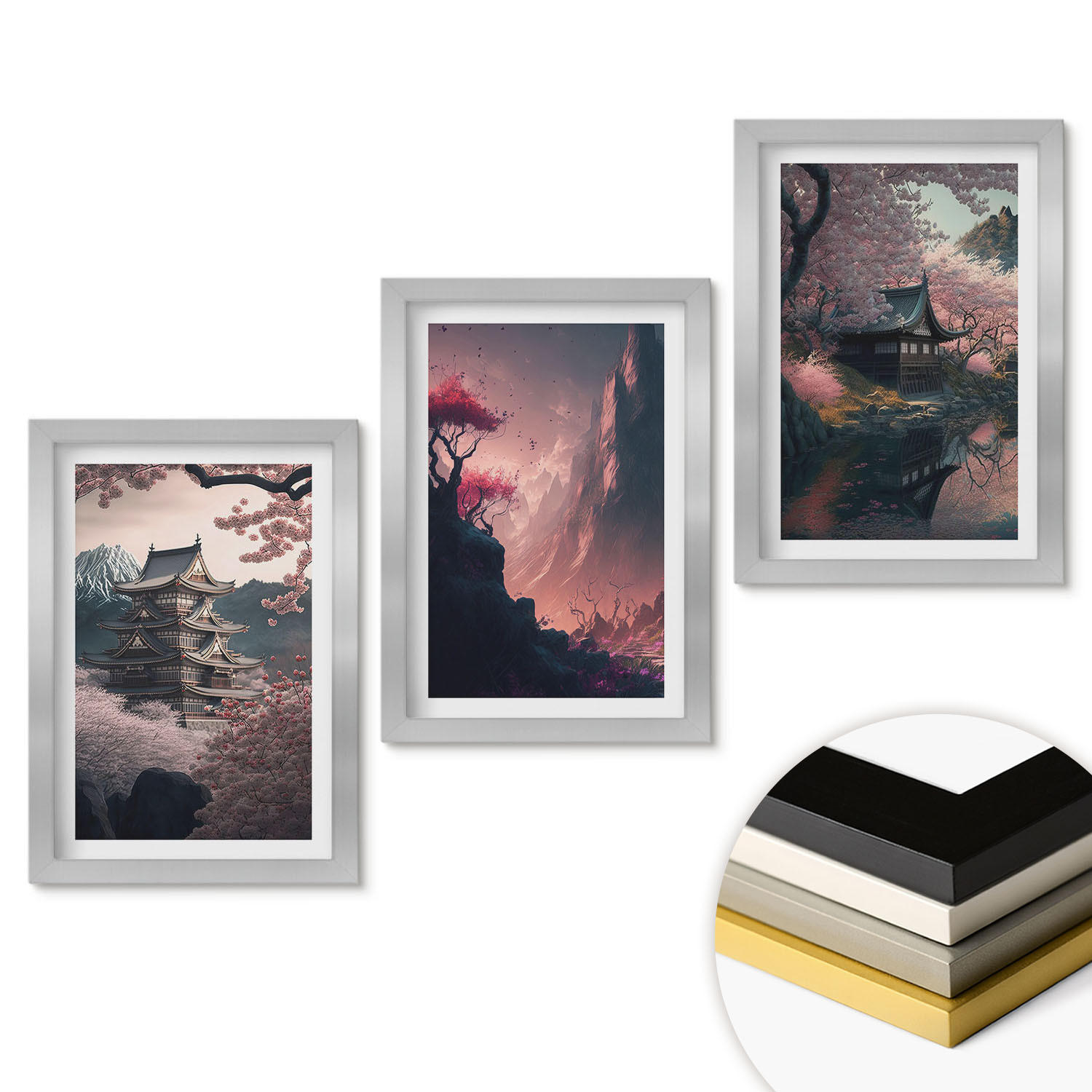 WANDBILDER 3er Set - 20x30 cm Silberner Rahmen - Fantasielandschaften der japanischen Berge - Silberfarben, Kunststoff (20/30cm) - ArtPrintCave