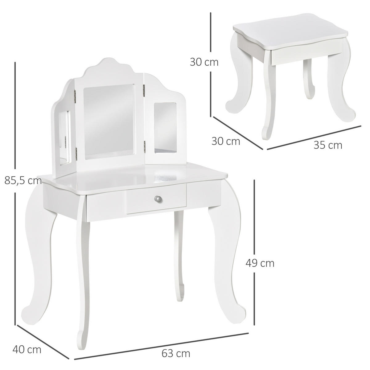 KINDERSCHMINKTISCH DE-18627 2-in-1 mit Triptychonspiegel Weiß - Weiß, Holzwerkstoff (40/85.5/63cm) - ComfortXL