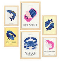 POSTER Set Mit 6 Lebensmittel Und Ernährungs Markt Am Meer Natur Und Botanikdrucke Für Innenarchitektur A3 & A4 Rahmen Aus Hellem Holz - Beige, Papier (29/3cm) - Nacnic