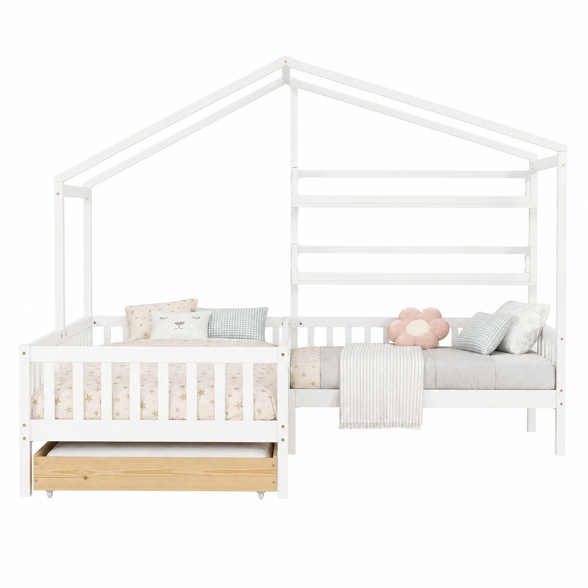 KINDERBETT Hausbett mit Schubladen und Regalen 90x200 cm/140x70 cm Weiß - Weiß, Holz (90/200cm) - Meubliv