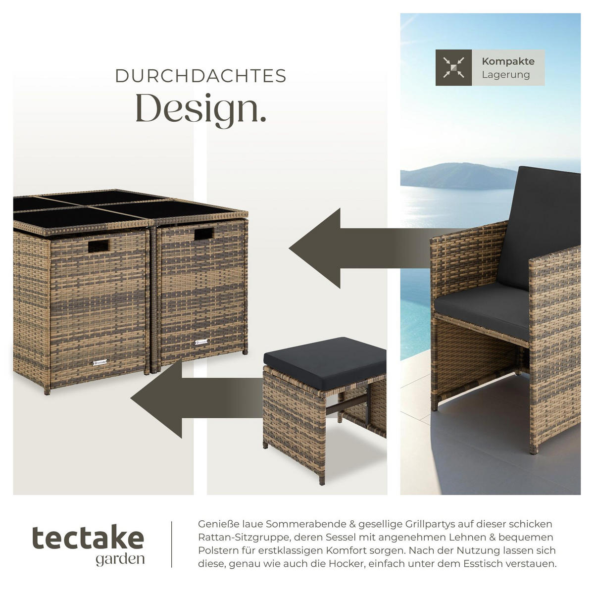 RATTAN-SITZGRUPPE Bilbao 4+4+1 inkl. Schutzhülle,Natur, 4 Sessel 53x53x87 cm, Tisch 110x110x73 cm,Abnehmbare Bezüge,Wasserabweisend - Naturfarben, Kunststoff - tectake