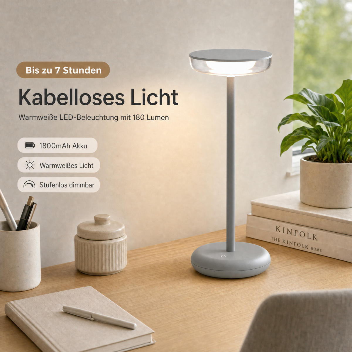 LED-TISCHLAMPE Grau Dimmbar Akku 1800mAh 180lm warmweiß Touch USB-C Nachttischleuchte Höhe 27,4 cm - Grau, Kunststoff (11/11/27.4cm) - Northpoint