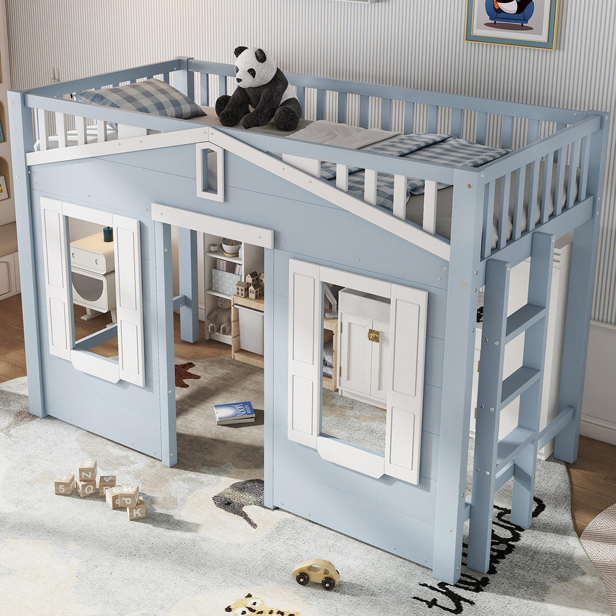 VYSOKÁ posteľ 90/200 cm biela/modrá z masívneho dreva a MDF s obojstrannou montážou rebríka - modrá, kompozitné drevo (90/200cm) - OKWISH