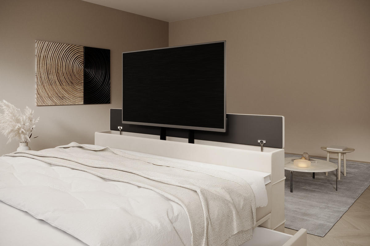 BOXSPRINGBETT Arosa TV mit Schubladen und Topper, TV-Lift, LED Beleuchtung, Samt, 180x200 cm, Beige - Beige, Holz - PROMETO Möbel