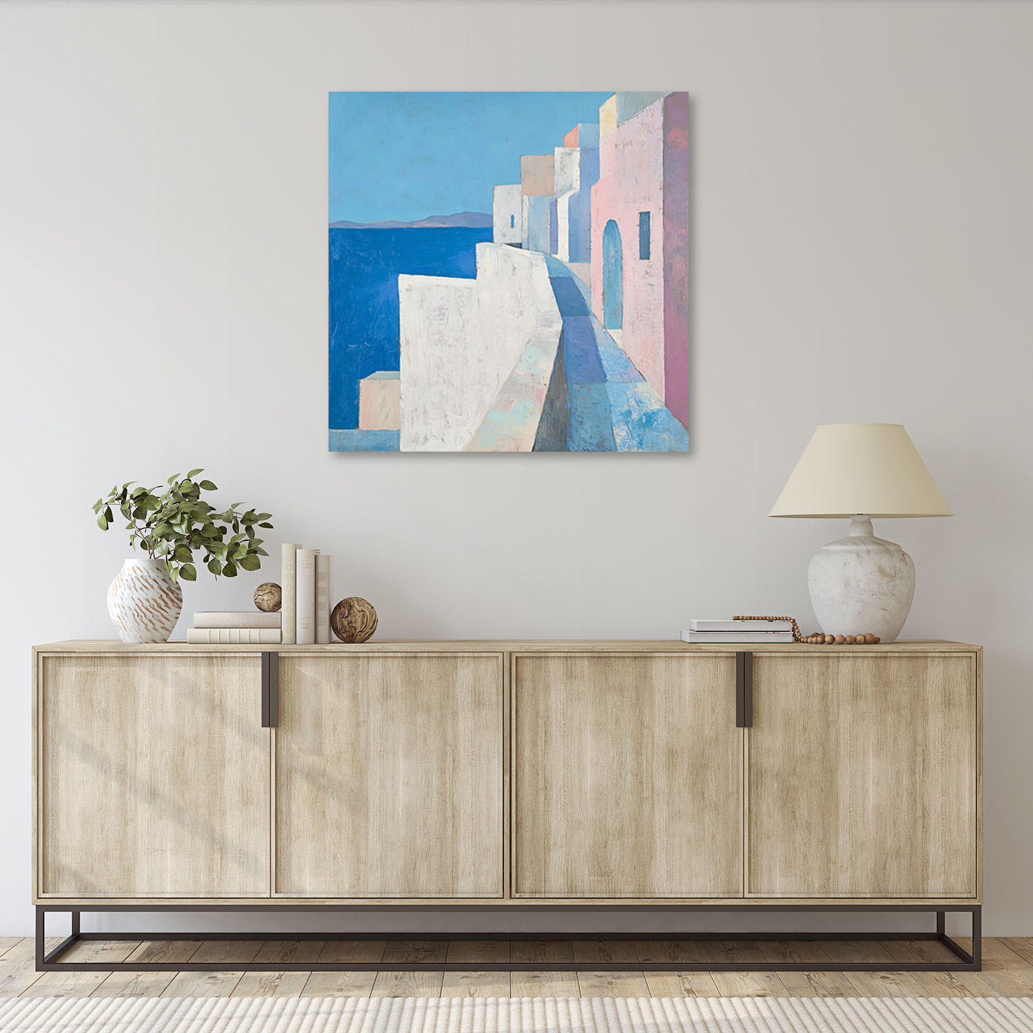 LEINWANDBILD Pastellgebäude Meereslandschaft Blau 60x60cm - Blau, Textil (60/60cm) - Feeby