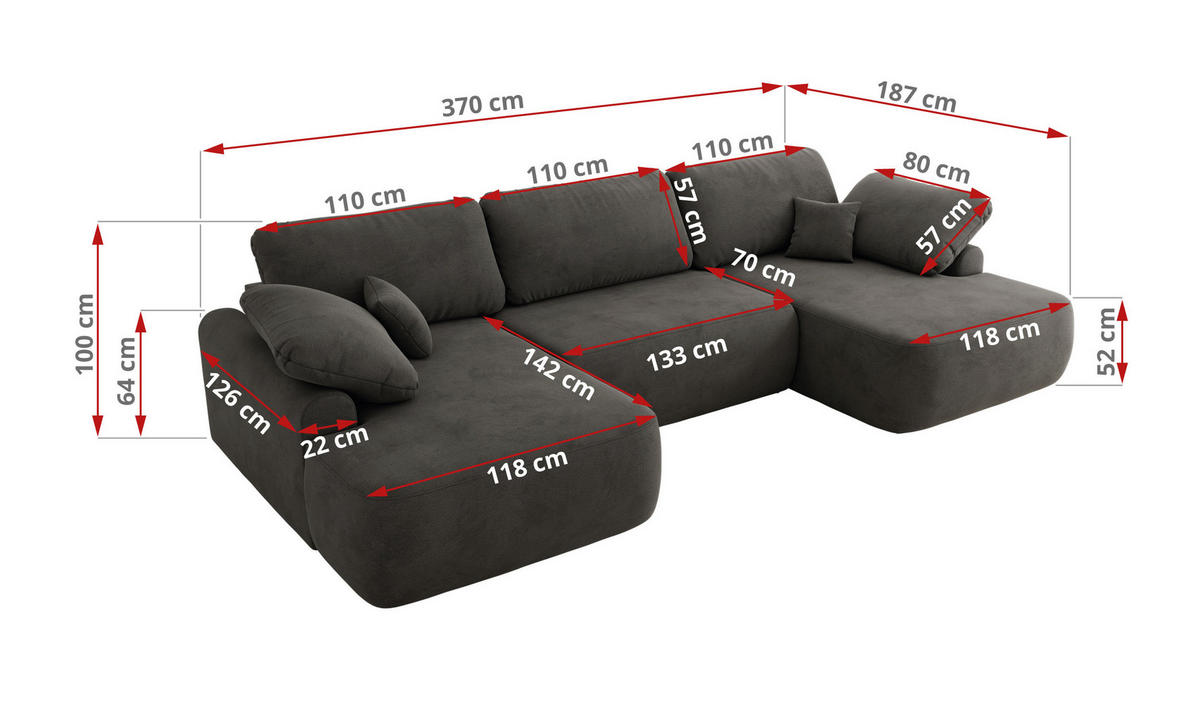 WOHNLANDSCHAFT CUBO U Dunkelgrau Velvet - Dunkelgrau/Schwarz, Kunststoff/Textil (370/100/187cm) - MKS