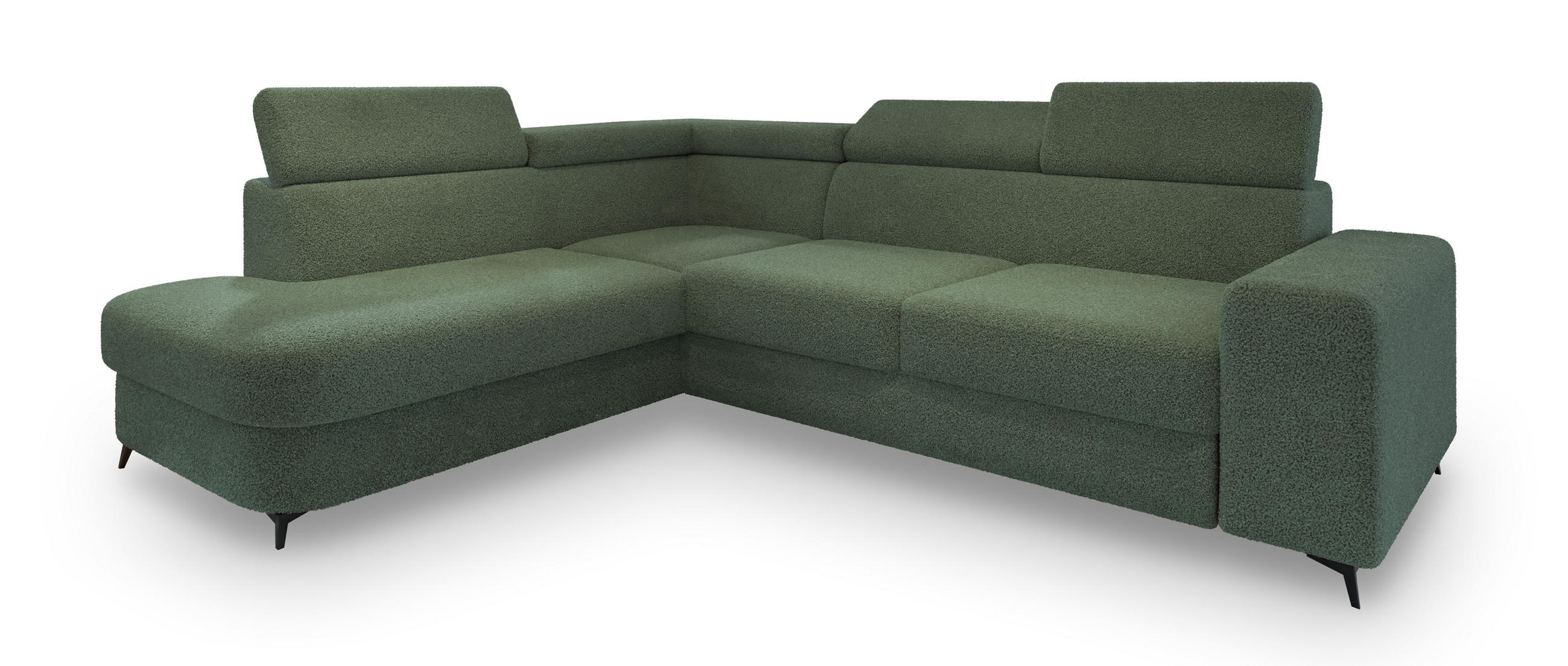ECKSOFA ALVORO L-S Grün Boucle-Stoff mit Schlaffunktion - Grün, Holz (253/190cm) - MASSENO