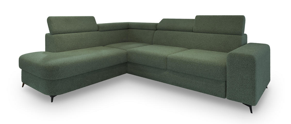 ECKSOFA ALVORO L-S Grün Boucle-Stoff mit Schlaffunktion - Grün, Holz (253/190cm) - MASSENO