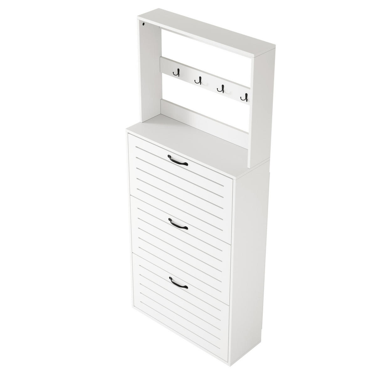 SCHUHSCHRANK 70/25/165 cm aus Spanplatte mit 8 Haken und 3 Schuhregalen für 10-15 Paar Schuhe, Weiß und Schwarz - Weiß, Holzwerkstoff (70/163/25cm) - Redom