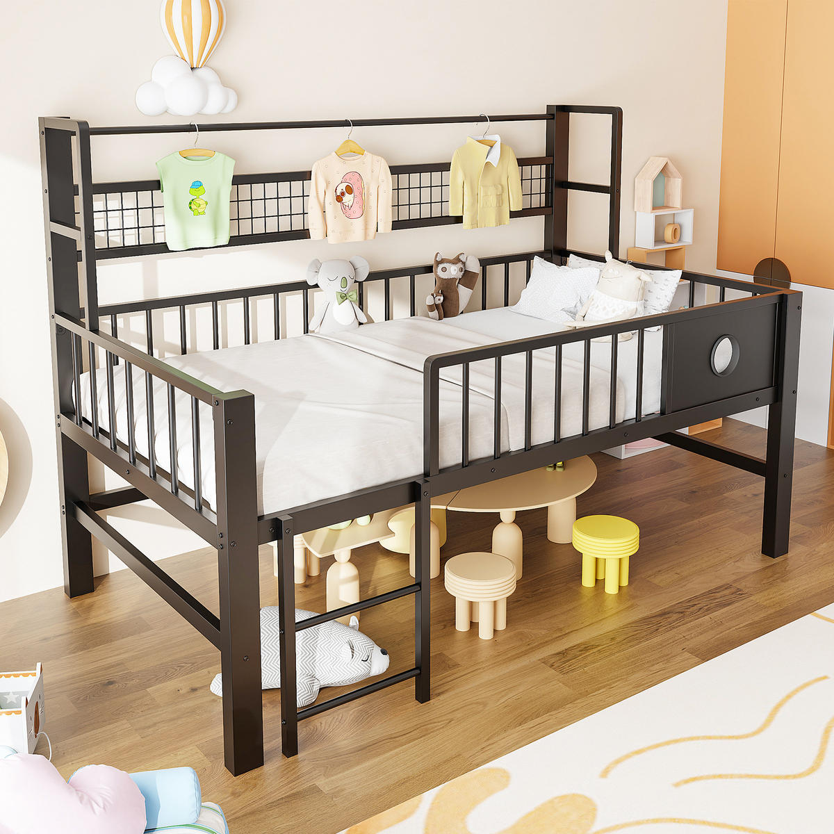 KINDEREINZELBETTEN aus Metall 90x200 cm in Schwarz mit Sicherheitsgitter & Stauraum - Schwarz, Metall (90/200cm) - Modfu