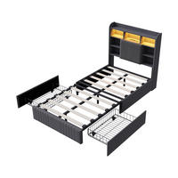 POLSTERBETT 90x200 GRAU Leinenstoff, 2 Schubladen, LED, USB/USB-C - Grau, Holz - SHOPENTRA
