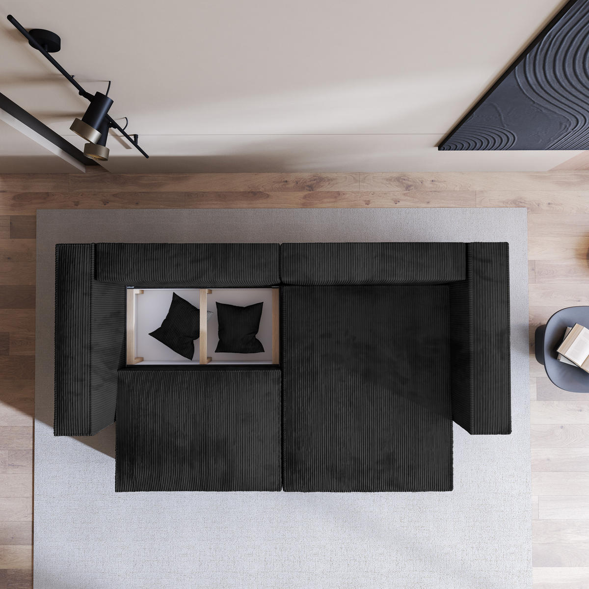 ECKSOFA NERIO P Schwarz Kordstoff mit Schlaffunktion - Schwarz, Holz (245/148cm) - MASSENO