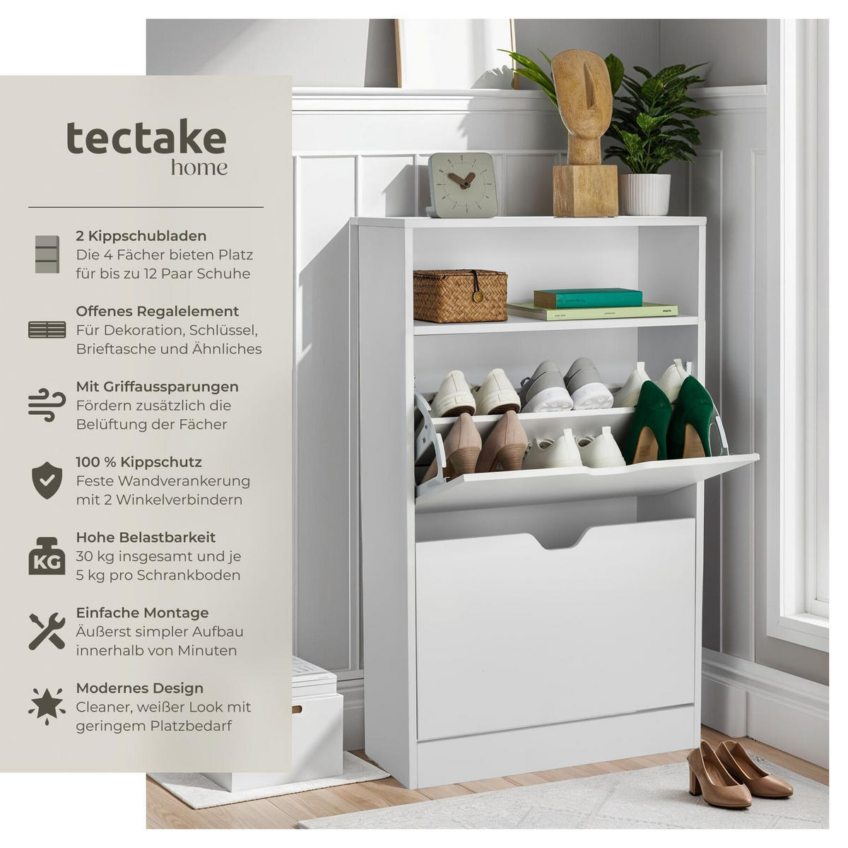 SCHUHSCHRANK Calea, 60 x 24 x 102 cm, weiß - Weiß, Holzwerkstoff (60/102/24cm) - tectake