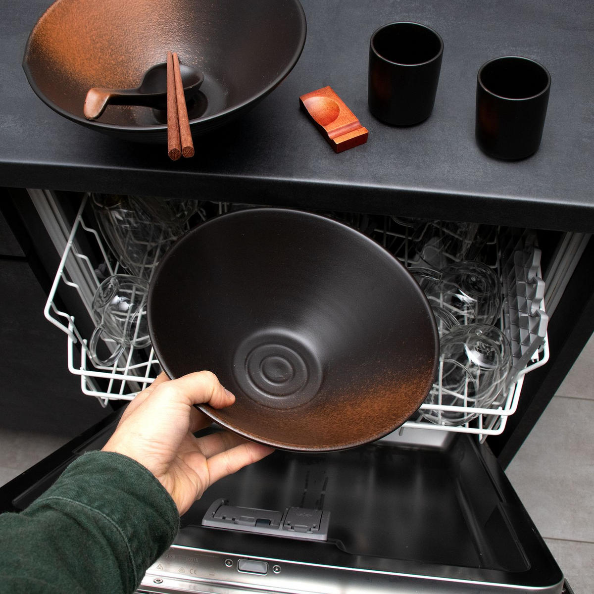 RAMEN SCHÜSSEL SET für 2 Personen aus Keramik - Schwarz, Keramik - Intirilife