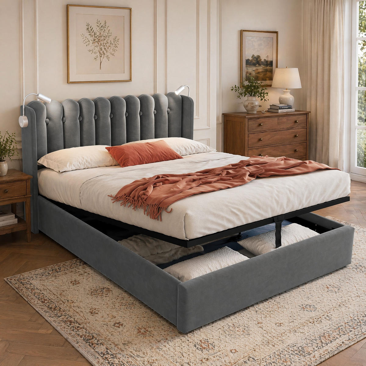 POLSTERBETT 160/200 mit Bettkasten, Leselicht und USB in Grau - Grau, Holzwerkstoff/Textil (160/200cm) - EVRYAE