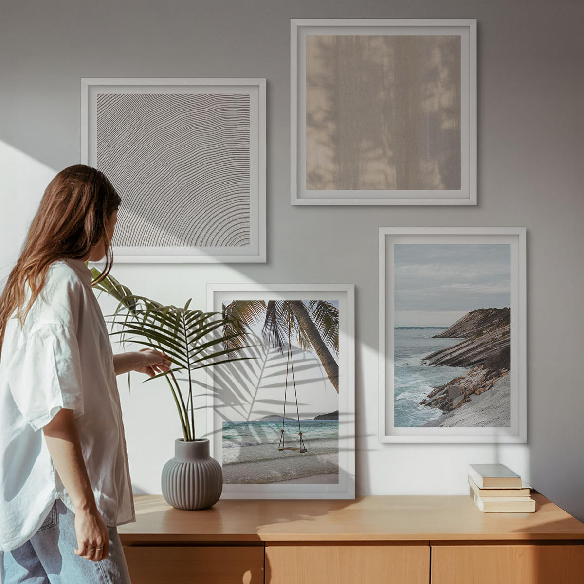 BILDER SET 4er Set - 50x50 cm & 40x60 cm Weißer Rahmen - Sommerlicher Sandstrand mit Meerblick - Weiß, Kunststoff (50/50cm) - TULUP