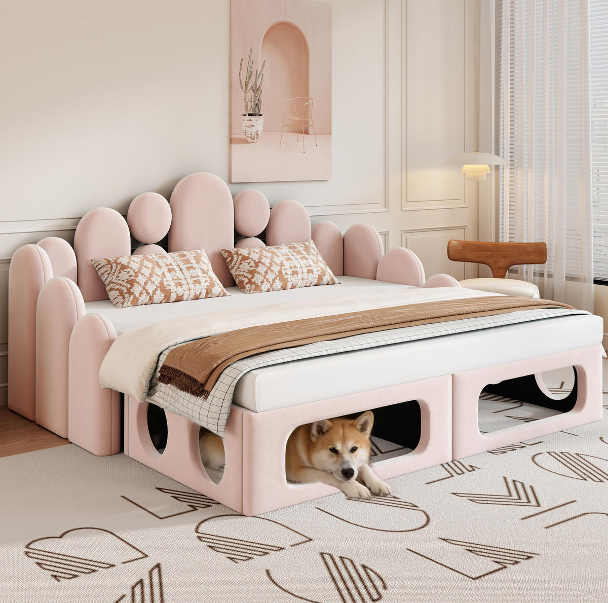 POLSTERBETT 180/200 cm aus Samt mit Haustierbett und Schlaffunktion Rosa - Pink, Textil (180/200cm) - Modenvie