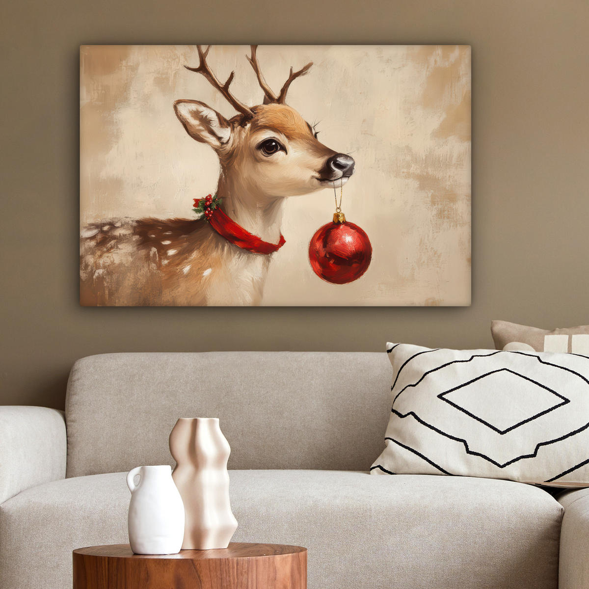 LEINWANDBILD Weihnachten - Hirsch - Geweih - Weihnachtskugel - Rentier Wanddeko 90x60 cm - Hellbraun, Textil (90/60cm) - MuchoWow