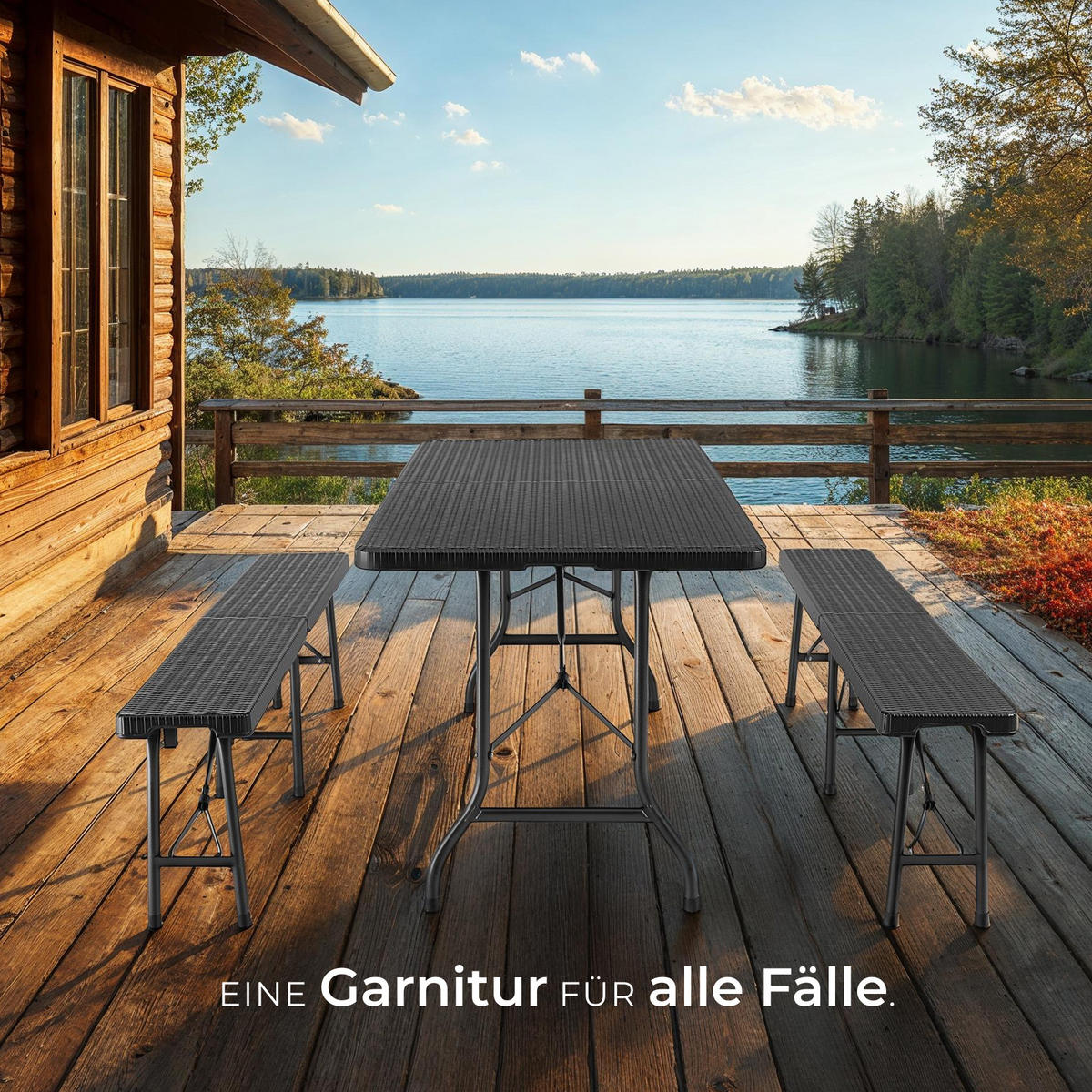 CAMPINGTISCHGARNITUR Vani,mit Tragegriffen,schwarz-Rattanoptik - Schwarz, Kunststoff (180/74/72cm) - tectake