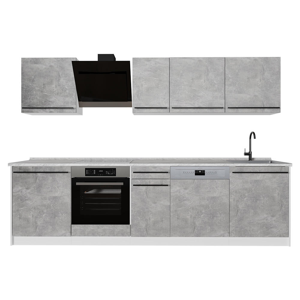 KÜCHENZEILE R-Line, Beton/Weiß, 280 cm Arbeitsplatte Marmor - Weiß/Grau, Holzwerkstoff (280/206.8/60cm) - Vicco