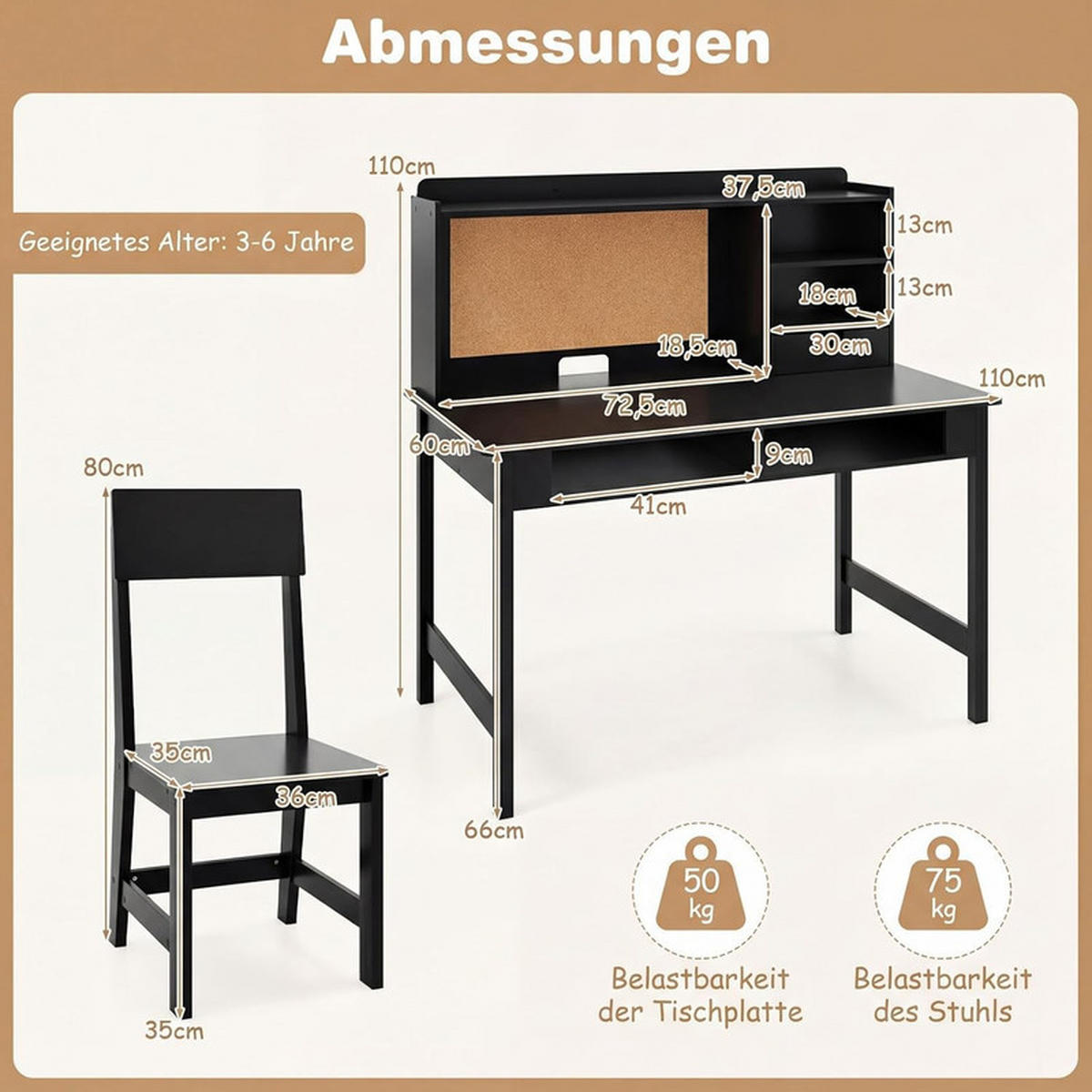 KINDERSCHREIBTISCH-SET aus Holz schwarz(2-tlg) - Schwarz, Holzwerkstoff (110/110/60cm) - COSTWAY