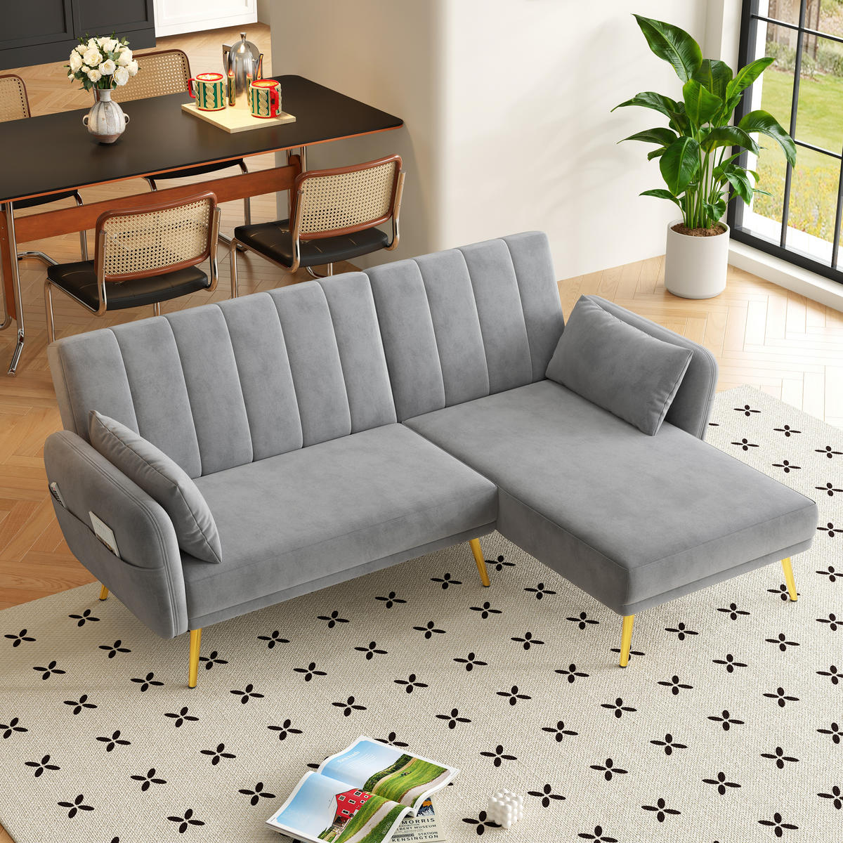 ECKSOFA, Samt mit Schlaffunktion & verstellbarer Rückenlehne, 191,5/130,5/80 cm, Grau - Grau, Textil (130.5/191.5cm) - Redom