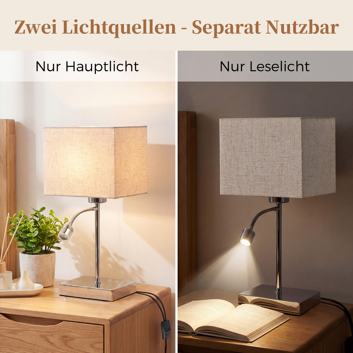 TISCHLAMPE Xylox 15/10/38 cm - Chromfarben/Braun, Textil/Metall (15/10/38cm) - ZMH
