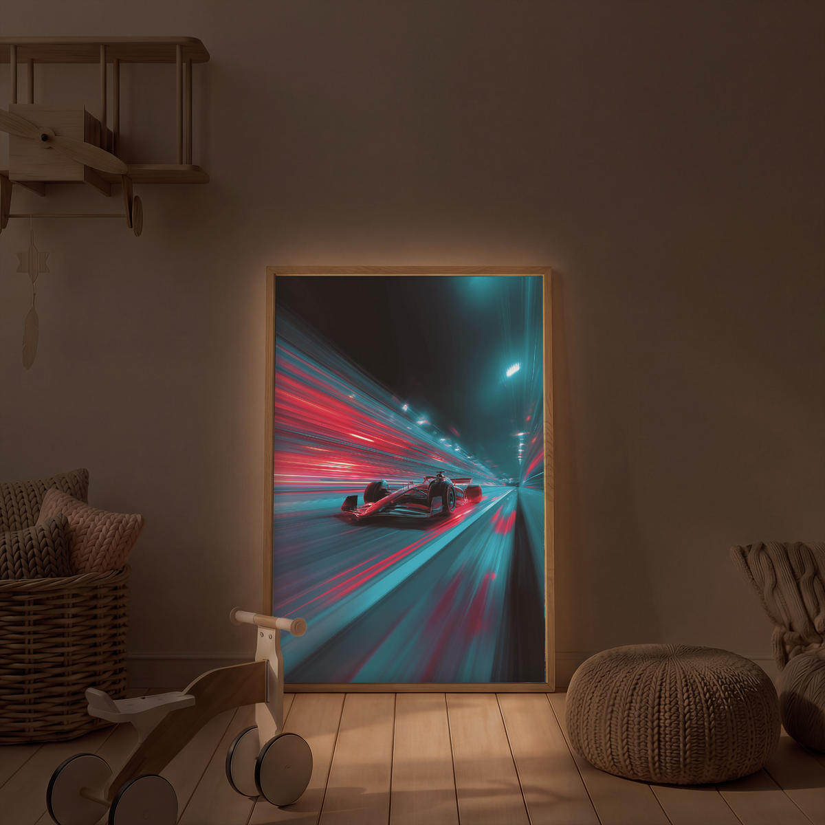 DOBÍJECÍ NOČNÍ LAMPIČKA Závodní auto - Červená - Rychlost 70x100 cm - tyrkysová, kompozitní dřevo (8/70/100cm) - OnlyWow