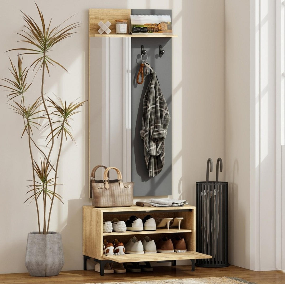 GARDEROBENSET 68/35/43 cm mit Spiegel, Schuhbank und 3 Haken, Naturholz/Grau - Naturfarben, Holzwerkstoff (60/127.5/13.5cm) - Redom