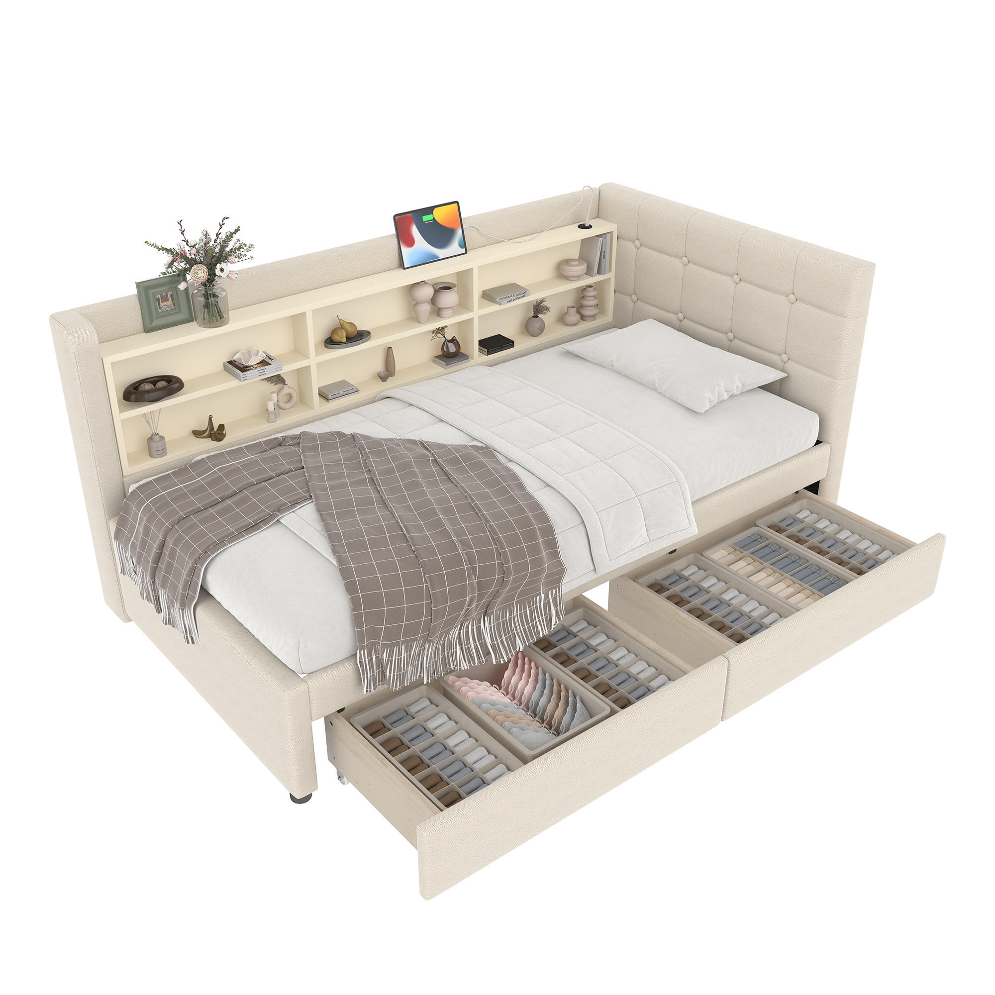 POLSTERBETT 90/200 cm beige mit 2 Schubladen und USB-Anschluss - Beige, Textil (90/200cm) - OKWISH