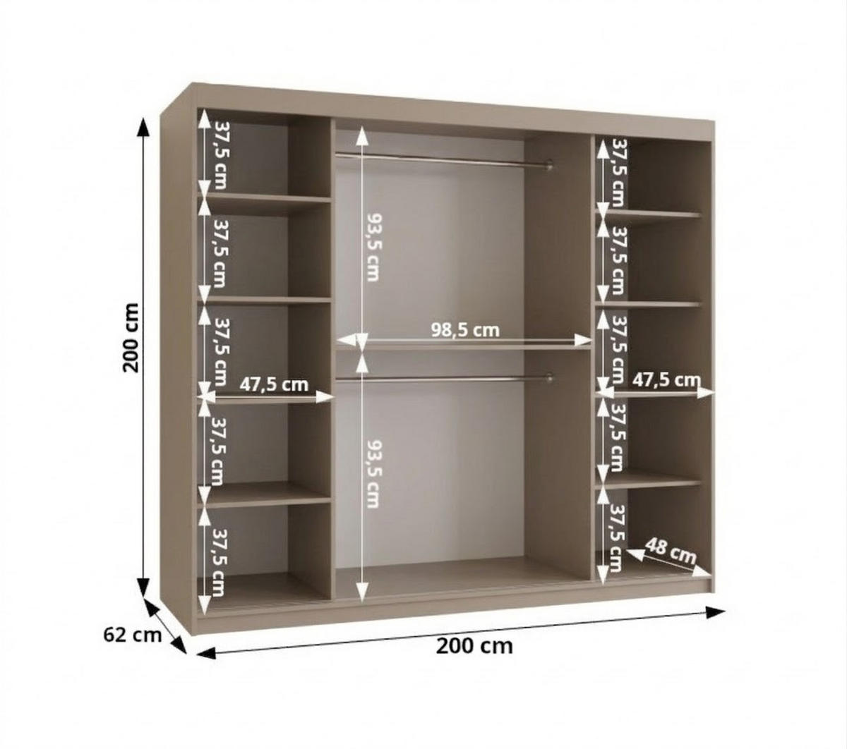 SCHIEBETÜRENSCHRANK mit Spiegel LUCY 200/200/62 2-türig - Kaschmir/Silberfarben, Holz (200/200/62cm) - MÖBEL KRYSPOL