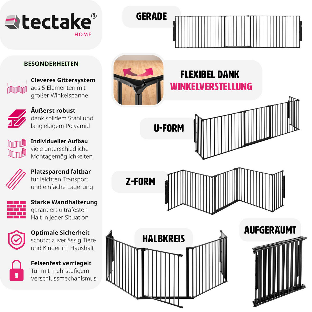 KAMINSCHUTZGITTER Agni,inklusive Wandhalterung,schwarz - Schwarz, Metall (3/71.5/289.3cm) - tectake