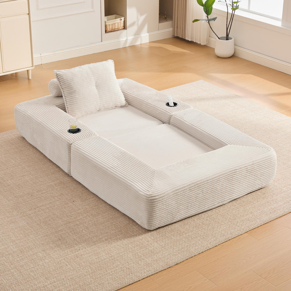 SCHLAFSOFA mit Cordbezug, Federkern, Getränkehalter und Seitentasche in Beige - Beige, Textil (122/80/98cm) - EVRYAE