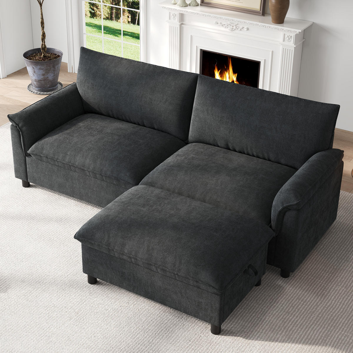 SOFA Schwarz U-Form Cloud Modular Deep Seat 216cm Hocker - Schwarz, Textil (77/82/216cm) - FLIEKS