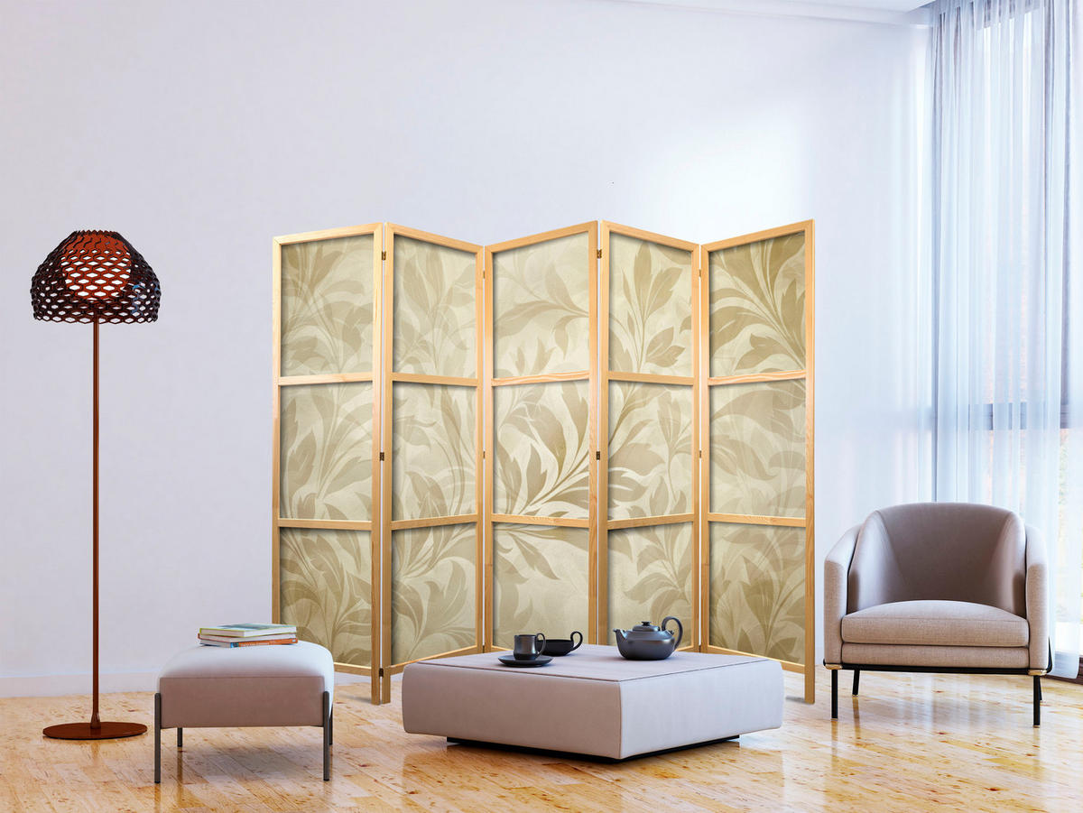 PARAVENT Japanischer 5-tlg 225x172 cm Retro Bl tter - Beige, Holz/Textil (225/172/3cm) - Muralo