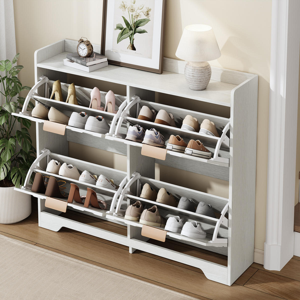 SCHUHSCHRANK 4 Klappen 3D Front mit Ablage - Weiß, Holz (105/90/24cm) - LEBENLANG