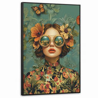 LEINWAND Bilder mit Rahmen - Frau - Blumen - Schmetterlinge - Natur - Vintage - 100x150 - Salbeigrün, Textil (100/150cm) - MuchoWow