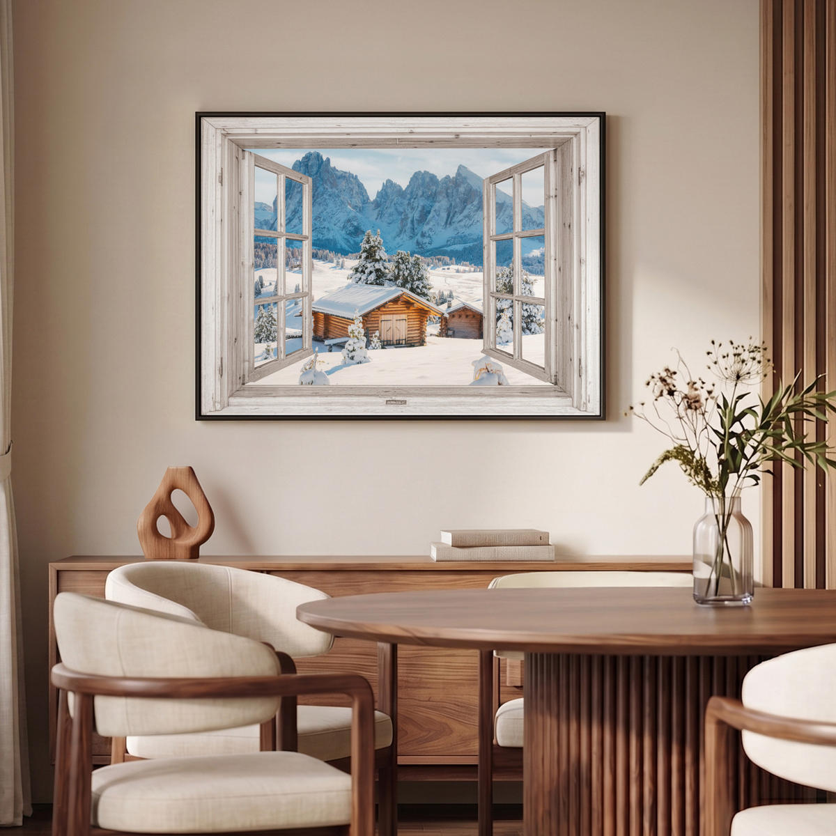 LEINWAND Bilder mit Rahmen - Winterlandschaft - Hütte - Berge - Ausblicke - Aussicht - Natur - 100x70 - Weiß Hochglanz, Textil (100/70cm) - MuchoWow