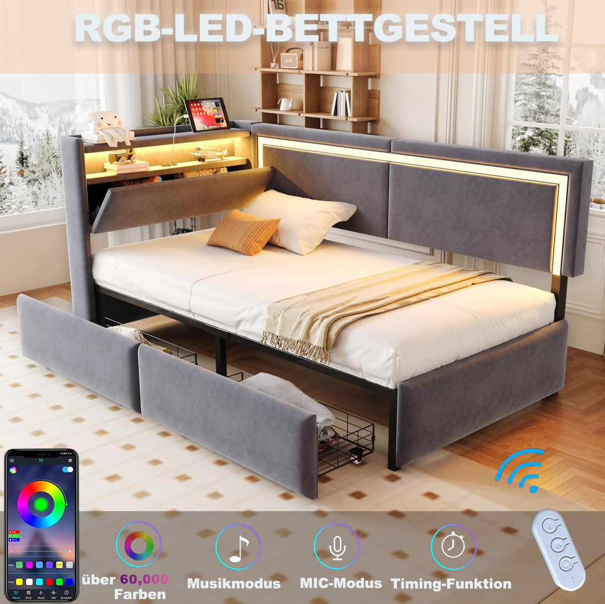POLSTERBETT 90/200 cm Dunkelgrau aus Samt mit LED-Beleuchtung und USB-Anschlüssen - Dunkelgrau, Textil (90/200cm) - OKMYHOME