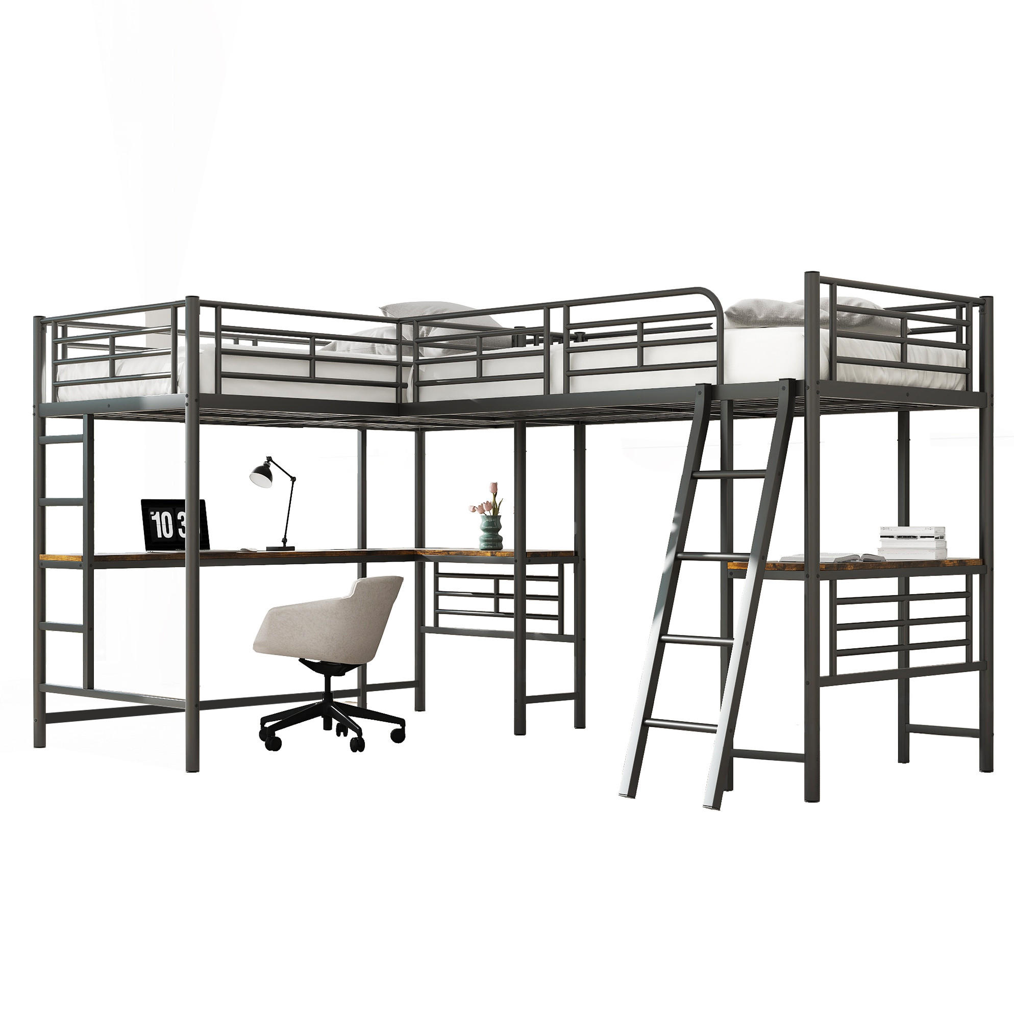 HOCHBETT 90/200 cm in Schwarz – mit Schreibtisch, hohem Rausfallschutz und Treppe - Schwarz, Metall (90/200cm) - BEAOK