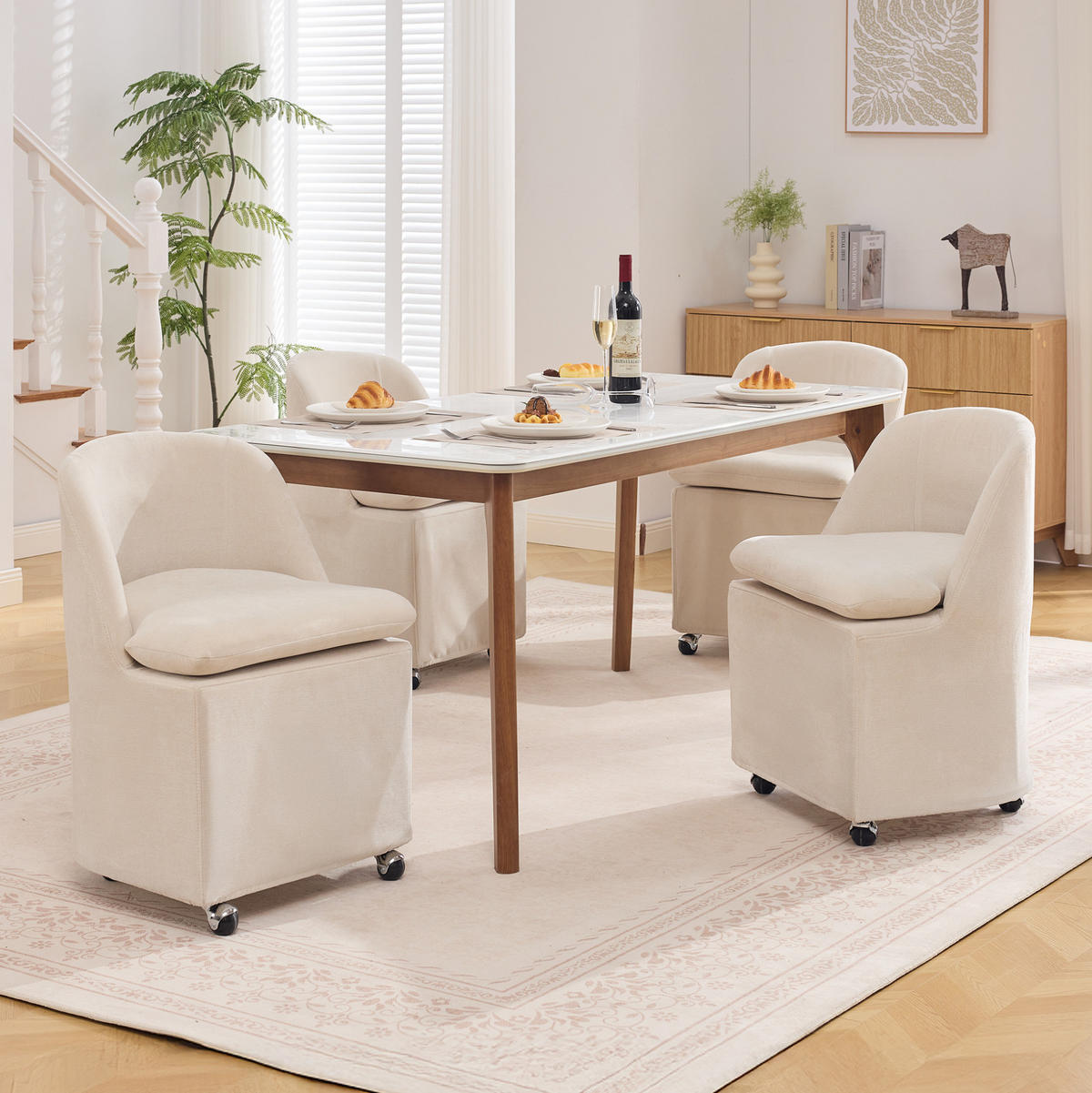 ESSZIMMERSTUHL 2er-Set mit Rollen Beige Chenille - Beige, Metall (53/78.5/53.5cm) - Meubliv