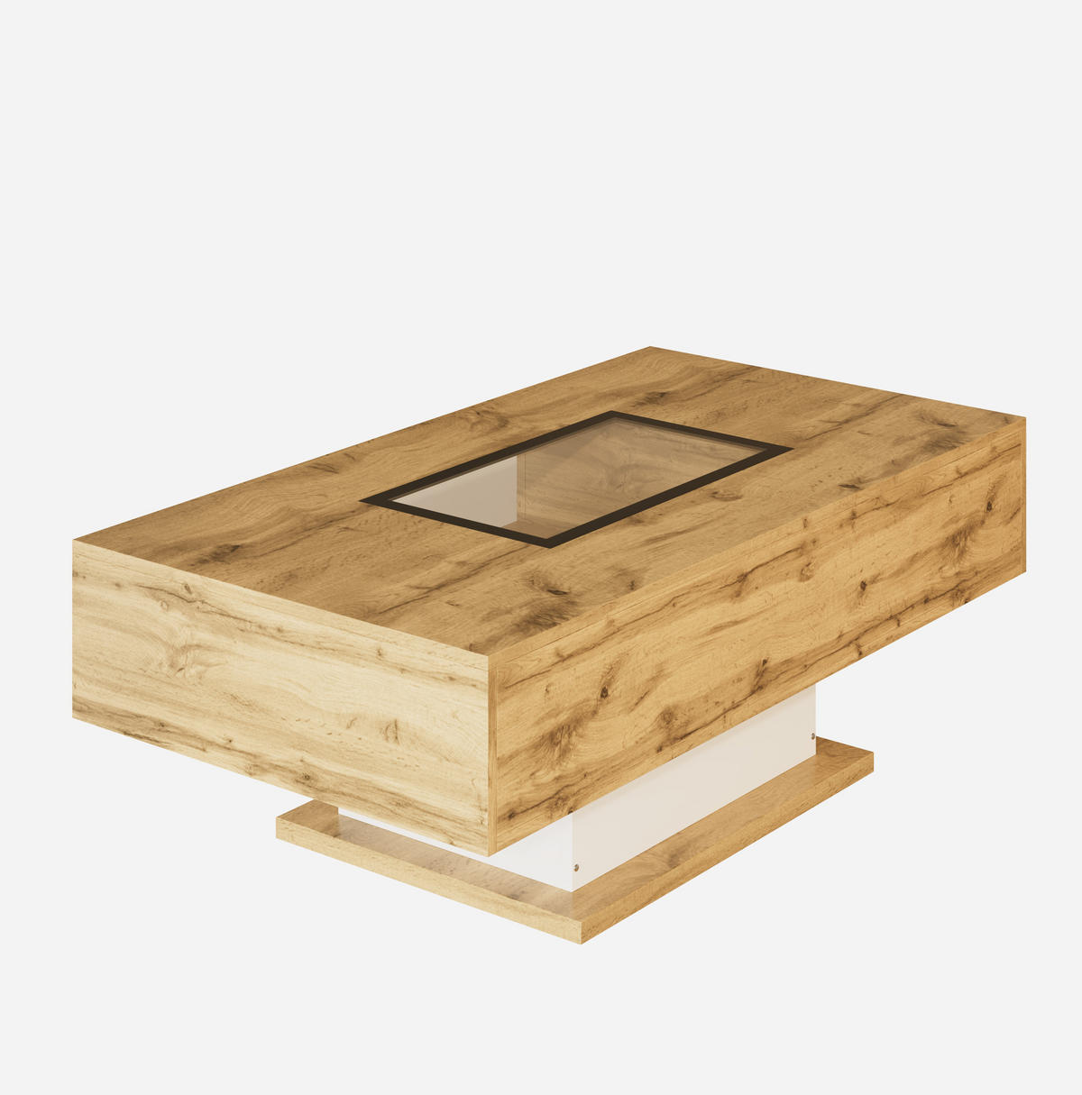 COUCHTISCH aus Spanplatte mit Glas 110,2x60x39,7 cm Natur/Weiß/Schwarz mit 2 Schubladen und LED-Beleuchtung - Naturfarben, Holzwerkstoff (110.2/60/39.7cm) - Modfu