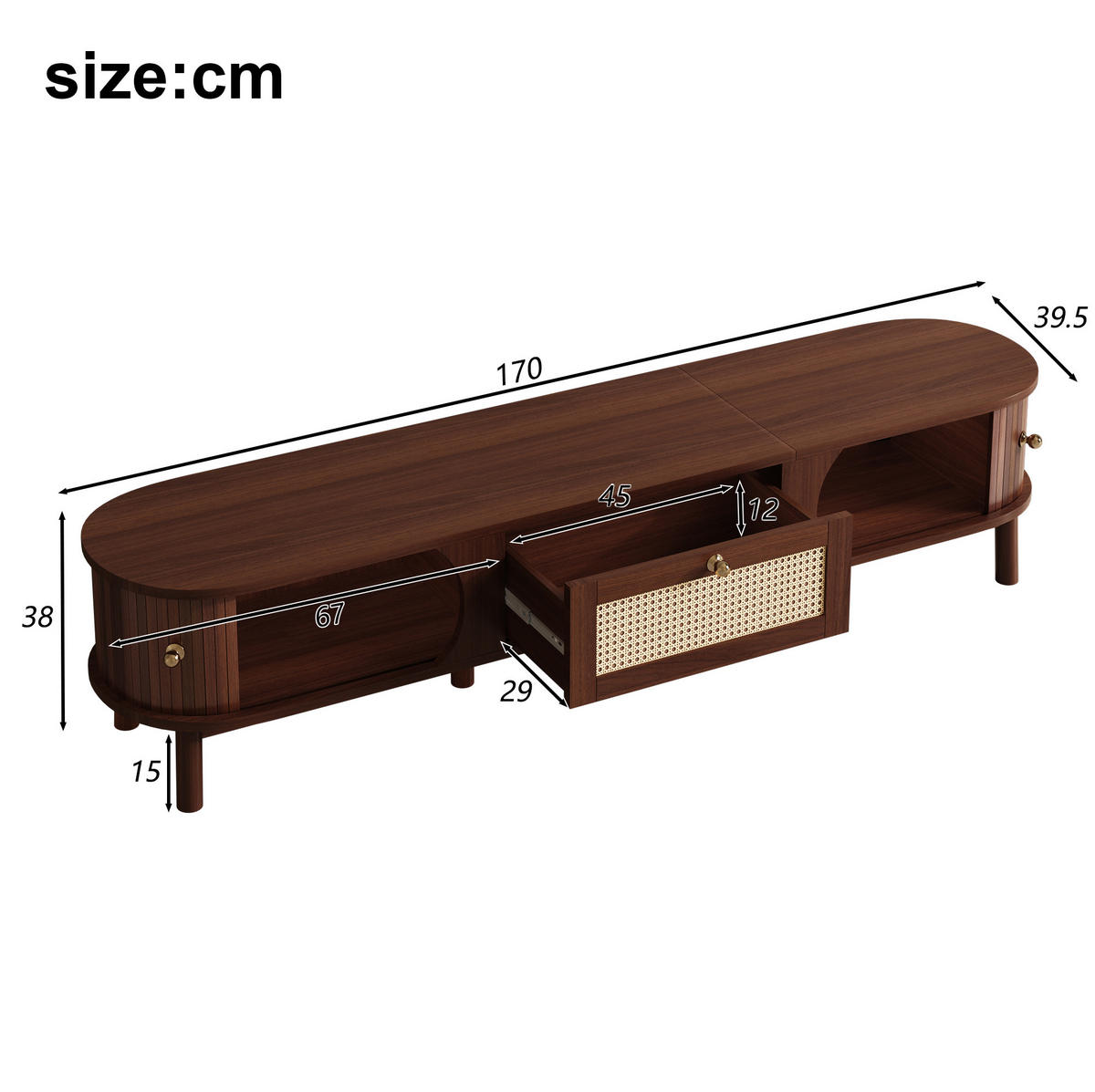 TV-SCHRANK mit Rattan-Schubladen und Türen in Holzoptik 170/38/39.5 cm - Eichefarben, Holzwerkstoff (170/38/39.5cm) - Redom
