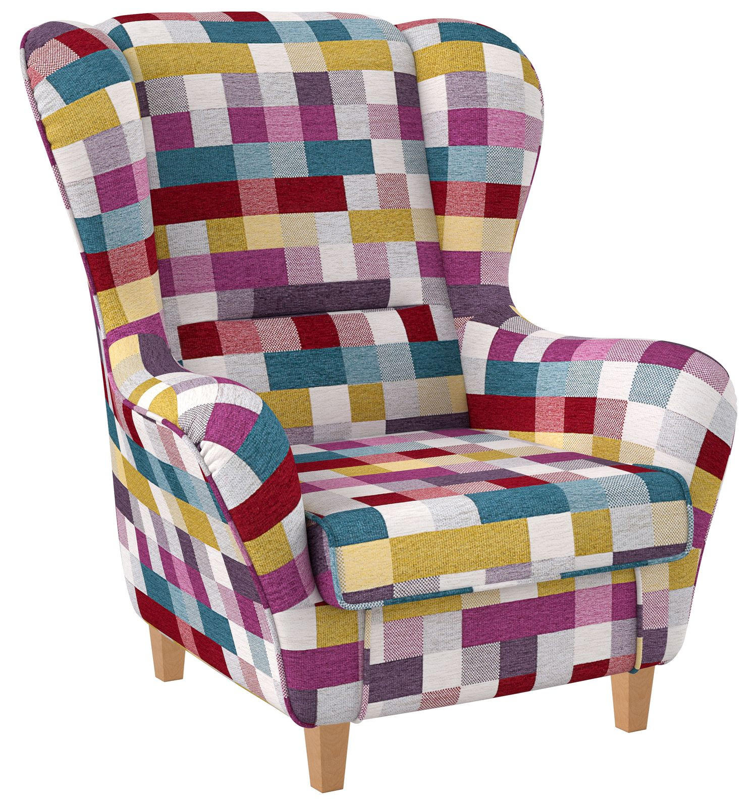 OHRENSESSEL Sofia, Relaxsessel mit Hocker | Design Patchwork kariert bunt - Magenta, Textil (92/68/95cm) - Supellex