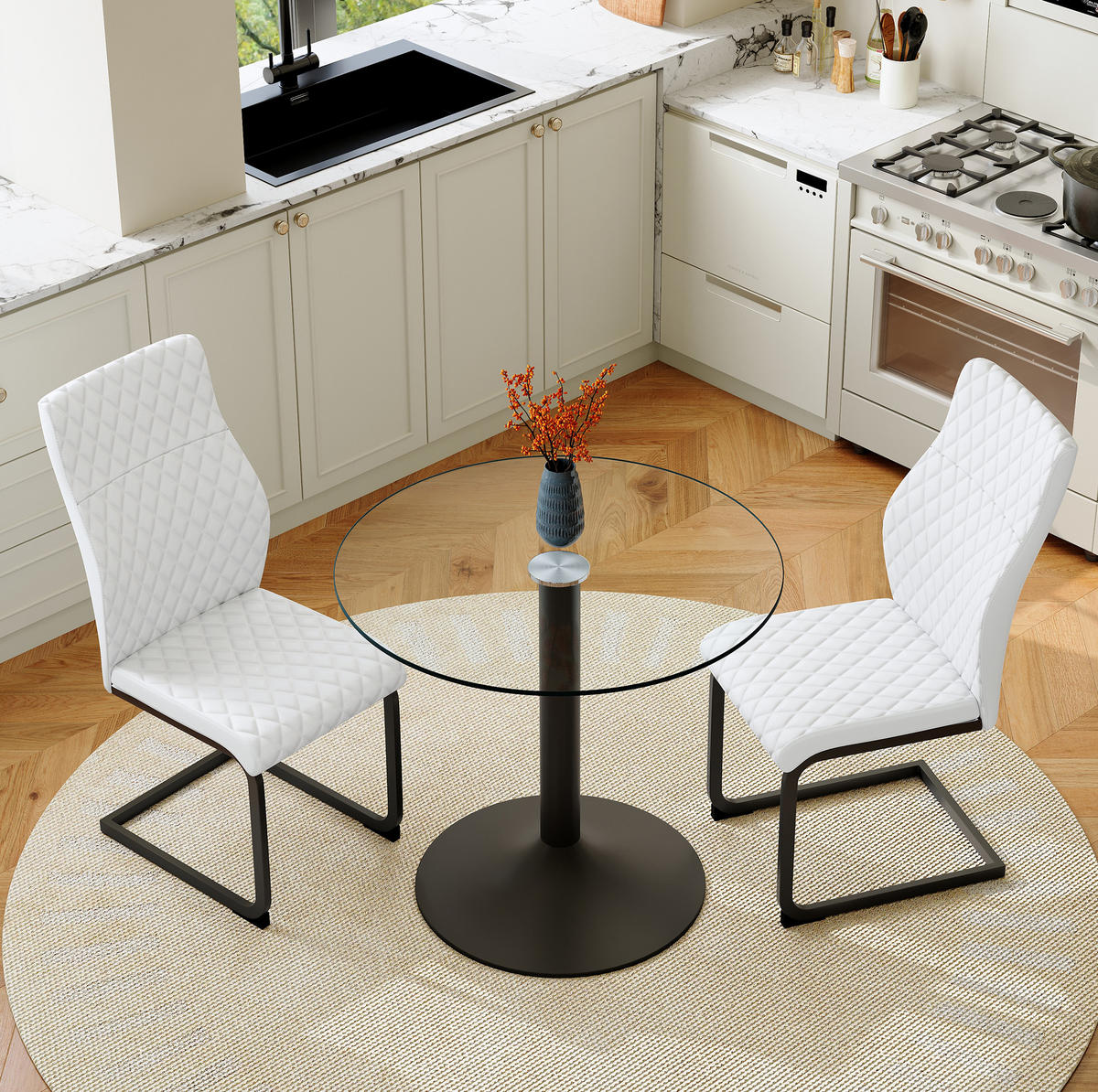 TISCH-STUHL-SET mit Glastisch und 2 Stühlen Schwarz Weiß - Schwarz, Metall (85/76/85cm) - Meubliv