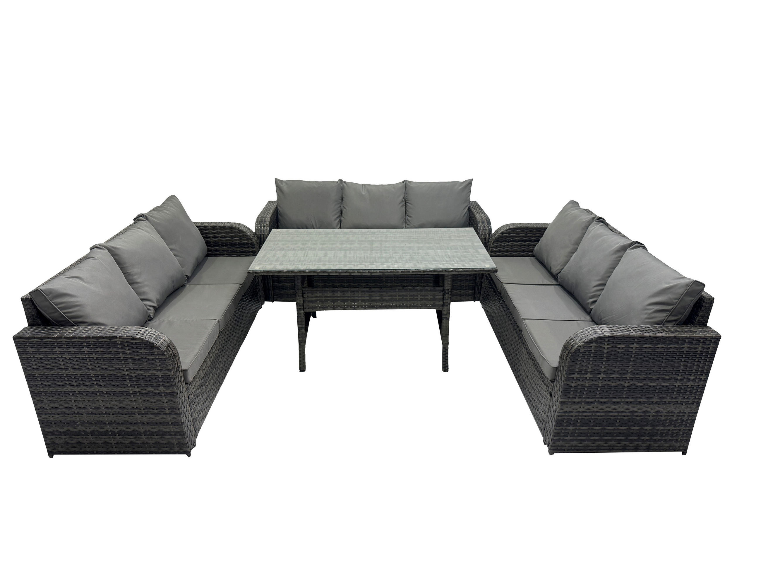 GARTENTISCHGRUPPE mit Beistelltisch,2 Hocker Polyrattan Dunkelgrau 9-Sitzer - Dunkelgrau/Grau, Glas/Kunststoff - Fimous