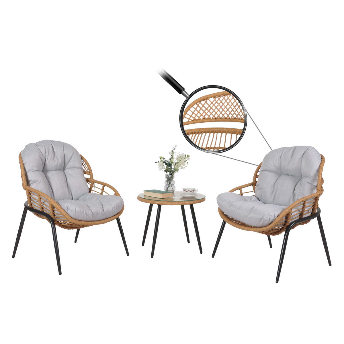 POLY-RATTAN GARNITUR Braun, Hellgrau - Hellgrau/Braun, Kunststoff - MCW